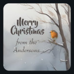Merry Christmas Custom From the Name Robin Winter Square Sticker<br><div class="desc">Merry Christmas Custom From the Name European or English Robin Bird Watercolor Winter Snow</div>