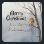 Merry Christmas Custom From the Name Robin Winter Square Sticker<br><div class="desc">Merry Christmas Custom From the Name European or English Robin Bird Watercolor Winter Snow</div>