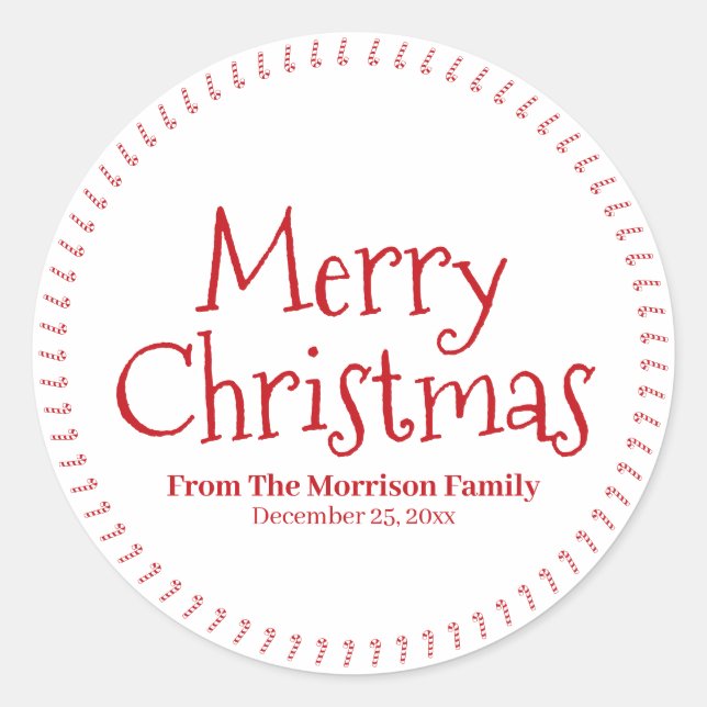 Merry Christmas custom name candy cane cute  Classic Round Sticker (Front)
