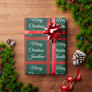 Merry Christmas Custom Name Classic Red and Green  Wrapping Paper