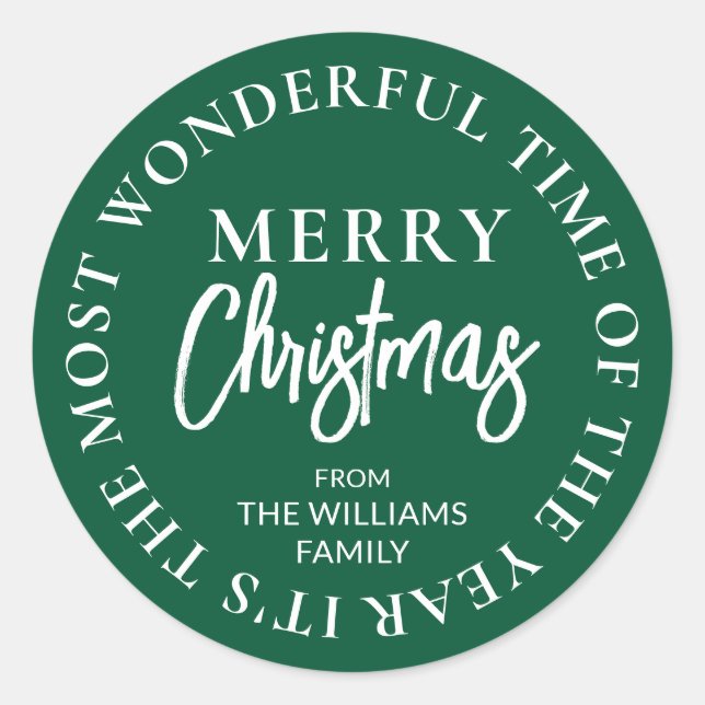 Merry Christmas Custom Name Green Classic Round Sticker (Front)