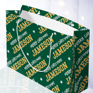 Merry Christmas Custom Name Green Gold Large Gift Bag
