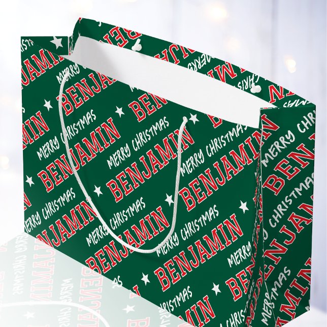 Merry Christmas Custom Name Green Red Large Gift Bag (Creator Uploaded)