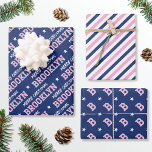 Merry Christmas Custom Name Monogram Pink Navy Wrapping Paper Sheet<br><div class="desc">Elevate your gift giving this holiday season with a set of beautifully coordinated designs! Featuring three unique patterns in matching colours, that can be used individually or as a set. The first sheet is personalised with the recipient's name in classic block-style lettering. The 'Merry Christmas' phrase can also be customised...</div>