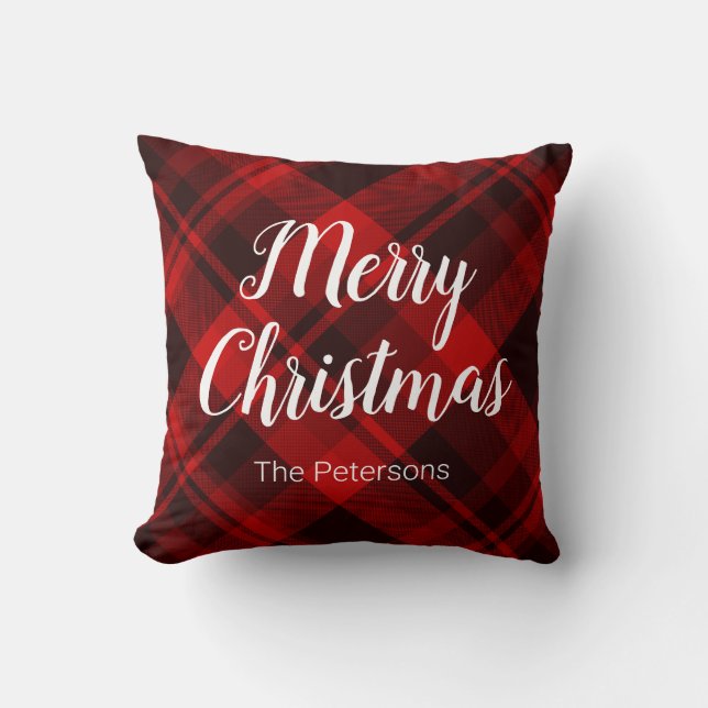 Merry Christmas Custom Name Red Black Plaid Cushion (Front)