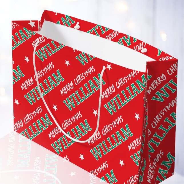 Merry Christmas Custom Name Red Green Large Gift Bag (Creator Uploaded)