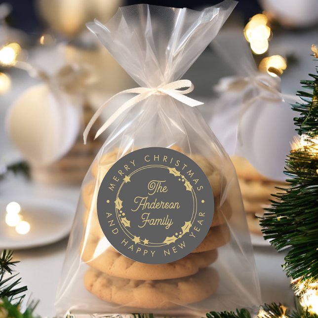 Merry Christmas Custom Name Script Holly Wreath Classic Round Sticker (Creator Uploaded)