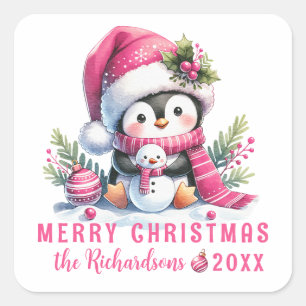 Merry Christmas Custom Name White Pink Penguin Square Sticker