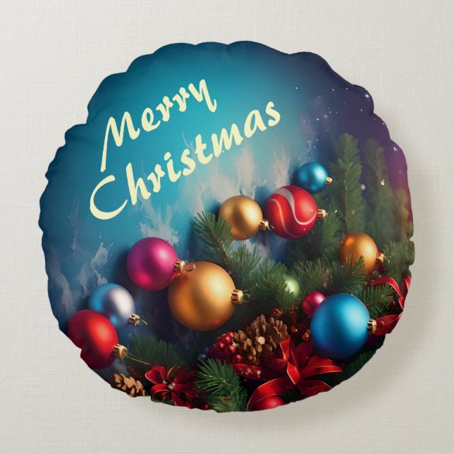 Merry Christmas Custom Personalise Text Round Cushion (Front)