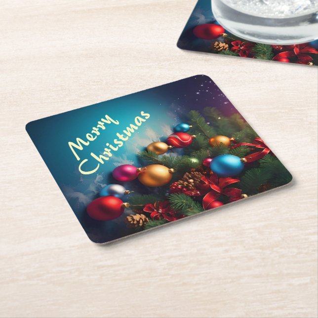 Merry Christmas Custom Personalise Text Square Paper Coaster (Angled)