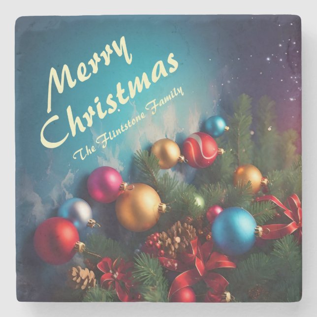 Merry Christmas Custom Personalise Text Stone Coaster (Front)
