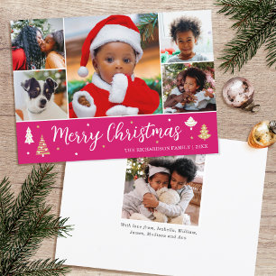Merry Christmas Custom Photo Collage Trees Pink Holiday Card
