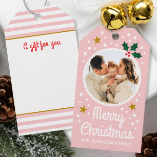 Merry Christmas Custom Photo Name Simple Cute Pink Gift Tags