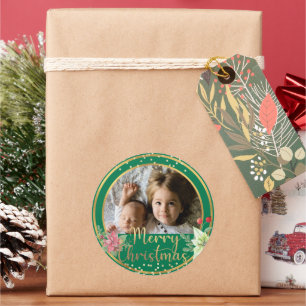 Merry Christmas Custom Photo on Green & Gold Classic Round Sticker