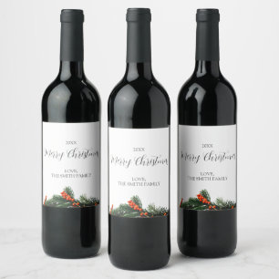 Merry Christmas Custom Pine with Berries Wedding  Wine Label