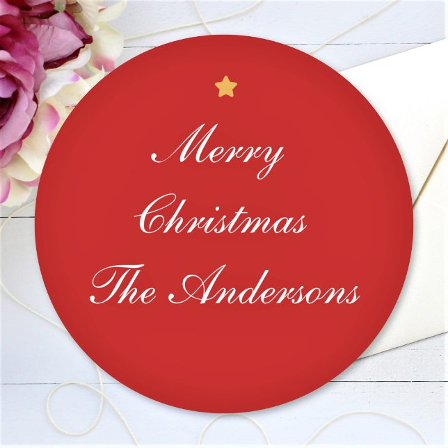 Merry Christmas Custom Text Red Chic Classic Round Sticker (Creator Uploaded)