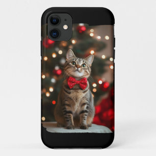 Merry Christmas Cut Cat with Christmas Tree Lights Case-Mate iPhone Case