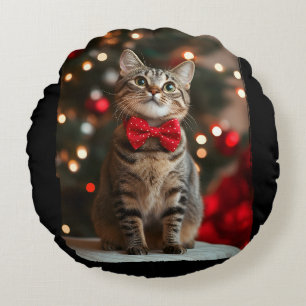 Merry Christmas Cut Cat with Christmas Tree Lights Round Cushion