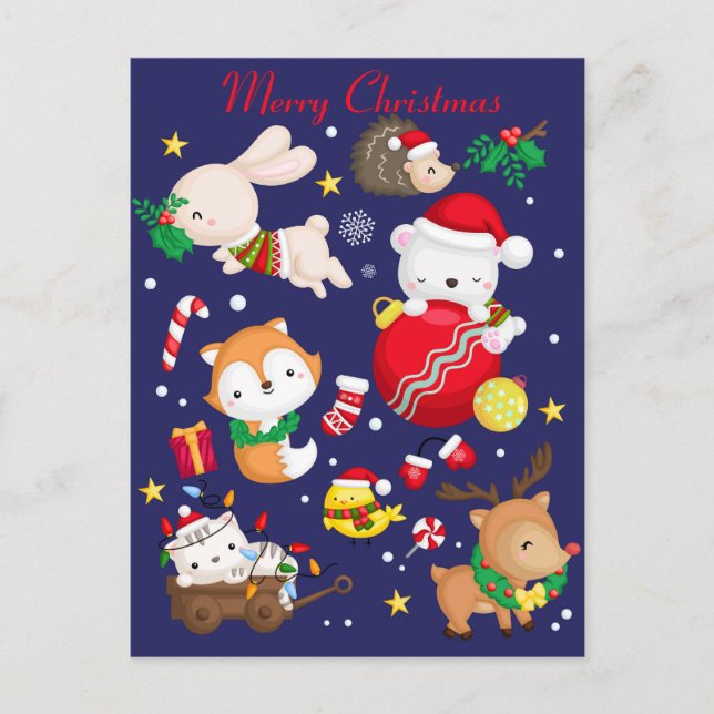 Merry Christmas Cute Animals Postcard (Front)
