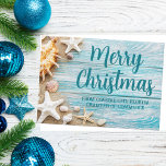 Merry Christmas Cute Beach Company Seashell Custom Holiday Card<br><div class="desc">A cute custom beach business holiday card for a tropical island company. Customise this pretty teal blue wood and seashell photography Christmas card with your seaside corporation name or other coastal professional text.</div>