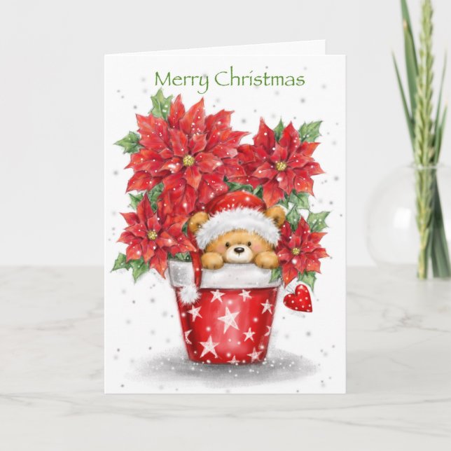 Merry Christmas, Cute Bear Pop Up from Poinsettias Card (Front)