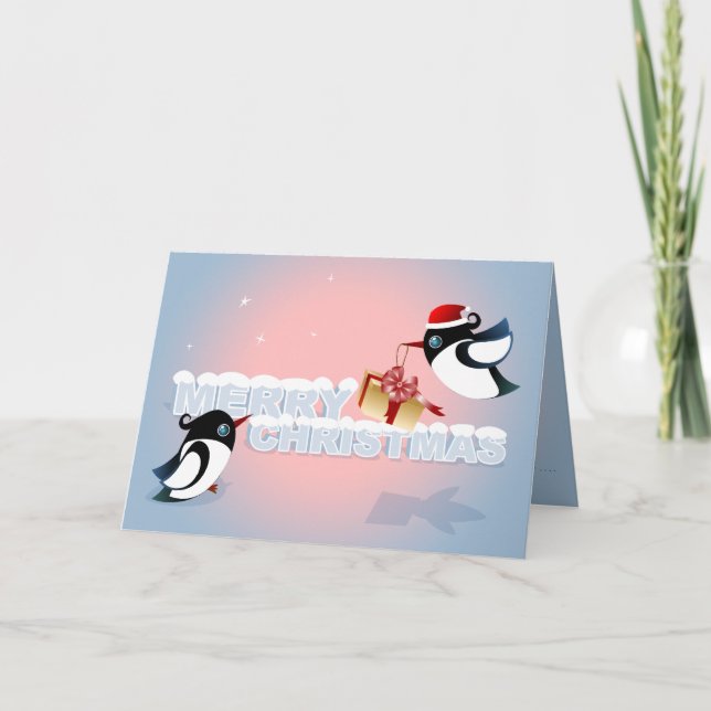 Merry Christmas - Cute Birds Christmas Present Holiday Card (Front)