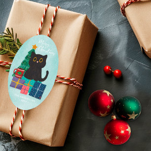 Merry Christmas Cute Black Cat Christmas Tree Oval Sticker