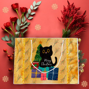 Merry Christmas Cute Black Cat Coffee Orange Gold Large Gift Bag