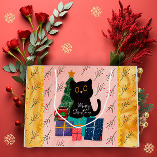 Merry Christmas Cute Black Cat Coffee Pink Gold Large Gift Bag