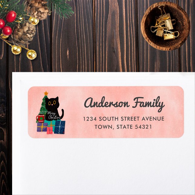 Merry Christmas Cute Black Cat Pink Return Address (Creator Uploaded)