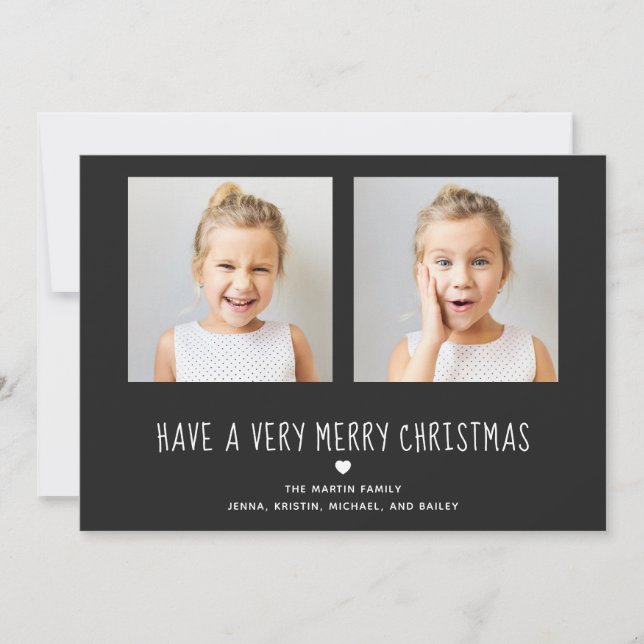 Merry Christmas | Cute Black with Heart Two Photo Holiday Card (Front)