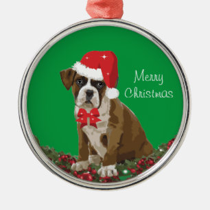 Merry Christmas Cute Boxer Dog Xmas Santa Hat Metal Tree Decoration
