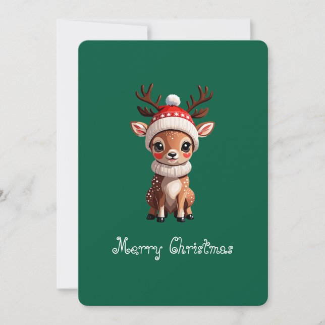 Merry Christmas, Cute Cartoon Deer, Green colourin Holiday Card (Front)