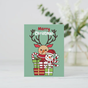 Merry Christmas cute cartoon reindeer snowman gift Postcard
