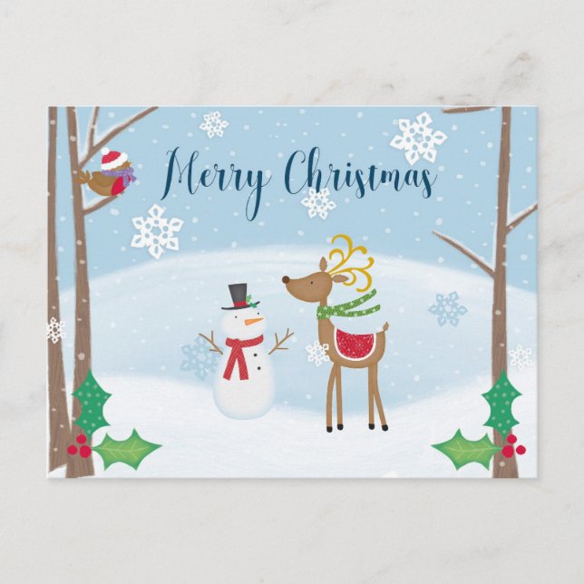Merry Christmas Cute Cartoon Snowman Reindeer Postcard (Front)