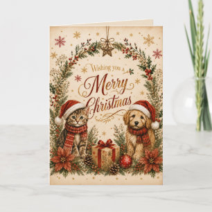 Merry Christmas Cute Cat and Dog Greeting Card