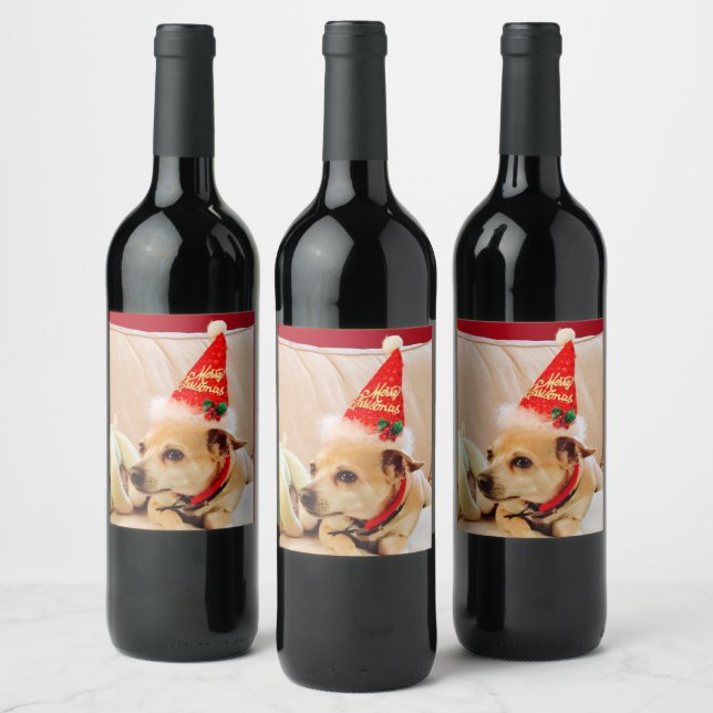 Merry Christmas Cute Chihuahua Dog Wine Label (Bottles)