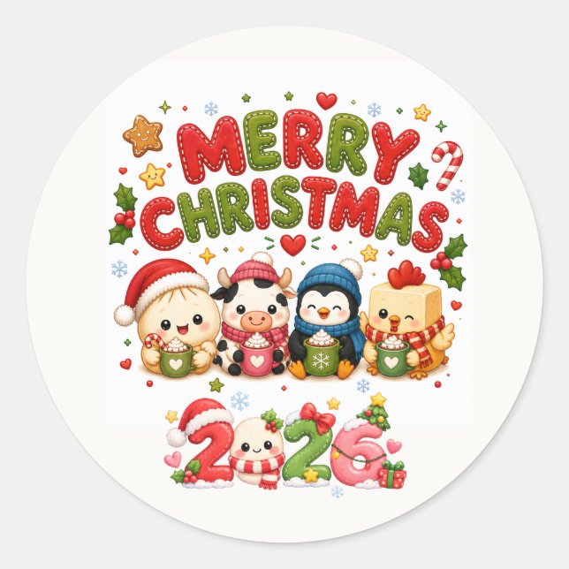 Merry Christmas Cute Classic Round Sticker (Front)