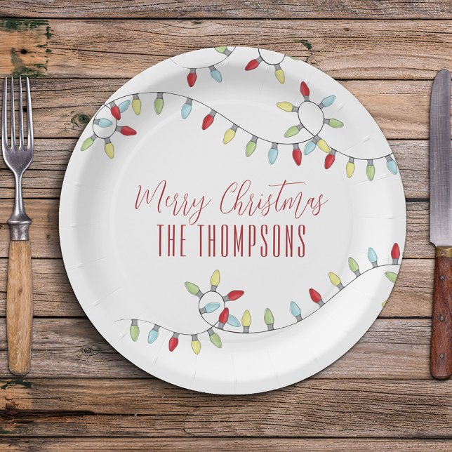Merry Christmas Cute Colourful String Lights  Paper Plate (Merry Christmas cute typography custom design. )