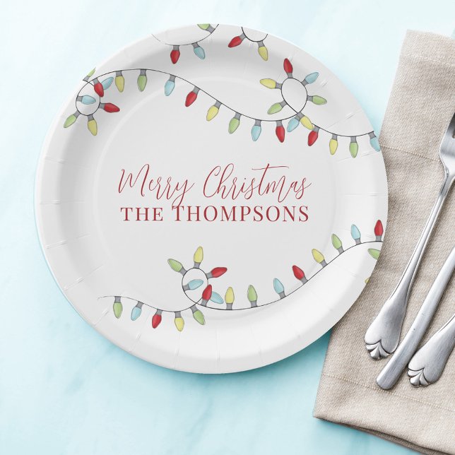 Merry Christmas Cute Colourful String Lights  Paper Plate (Merry Christmas Calligraphy Script with simple block-style lettering. )