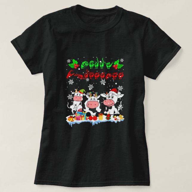 Merry Christmas Cute Cow Farmer ASL Sign Language  T-Shirt (Design Front)