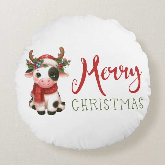 Merry Christmas cute cow  Round Cushion (Front)