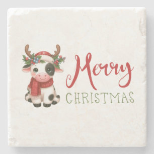 Merry Christmas cute cow Stone Coaster