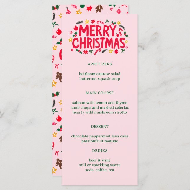 Merry Christmas Cute CUSTOM Holiday Dinner Party Menu (Front/Back)