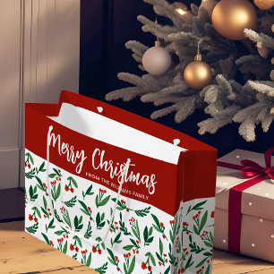 Merry Christmas Cute Custom Holly Berry Large Gift Bag