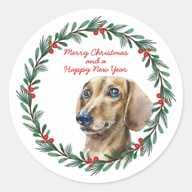 Merry Christmas Cute Dachshund Dog Holiday Wreath Classic Round Sticker (Front)