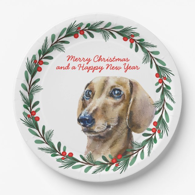 Merry Christmas Cute Dachshund Dog Holiday Wreath Paper Plate (Front)