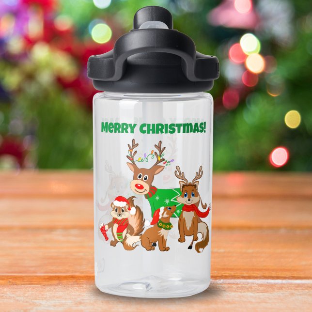 Merry Christmas! Cute Deer, Foxes & Chipmunk   Water Bottle (Merry Christmas! Stay cheerful with our festive kid's water bottle.)
