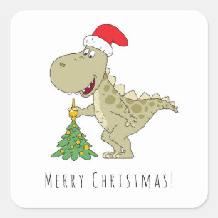 Merry Christmas Cute Dinosaur Santa Hat Tree Square Sticker