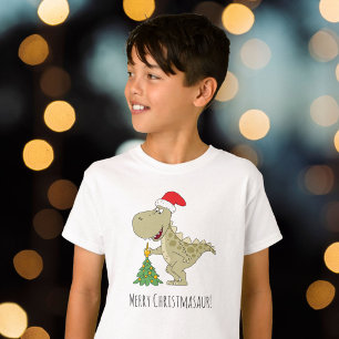 Merry Christmas Cute Dinosaur Santa Hat Tree T-Shirt